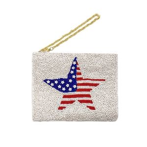 Ivory USA American Flag Stars Stripes Seed Beaded Mini Pouch Statement Bag Zip
